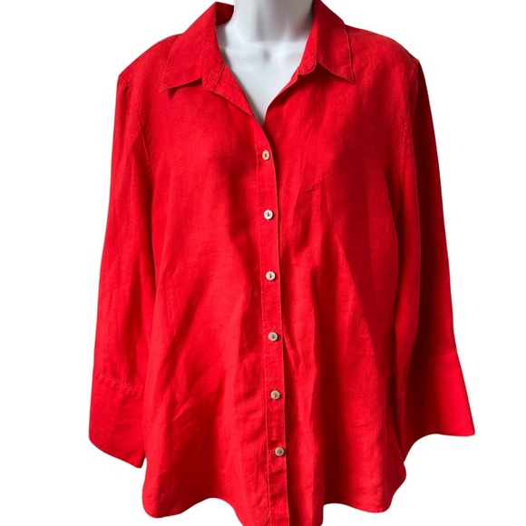 Chico's Blouse Size 14 Linen Button Down 3/4 Sleeves Bright Red Top - Picture 1 of 6
